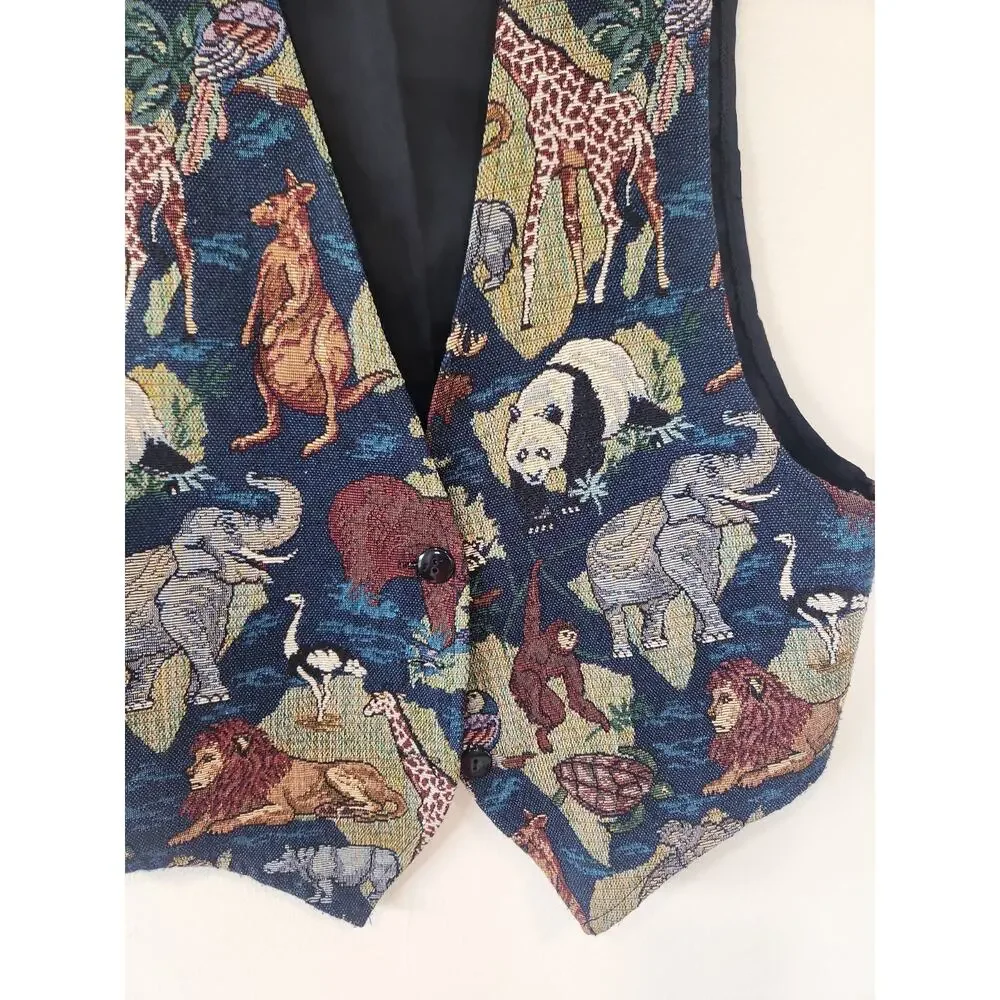 Vintage 90s Safari Embroidered Tapestry Vest Facets by Mirrors Made in USA Sz M